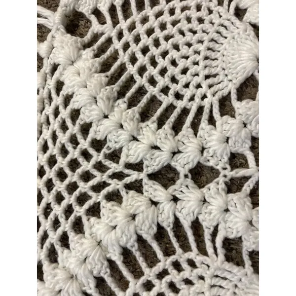 Vintage Pineapple Crochet Shawl Fringe Wrap Ivory Boho Festival One Size - Image 12