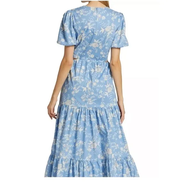 Wayf Plaza Floral Cut-Out Tiered Maxi Dress Size Small Blue and White - Image 5