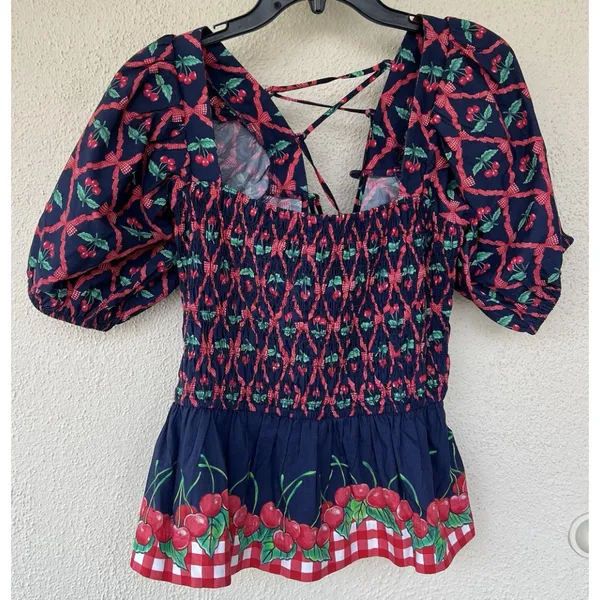 Damson Madder Allegra Cherry Pie Smocked Peplum Top UK 14 US 10 Puff Sleeve Tea - Image 5