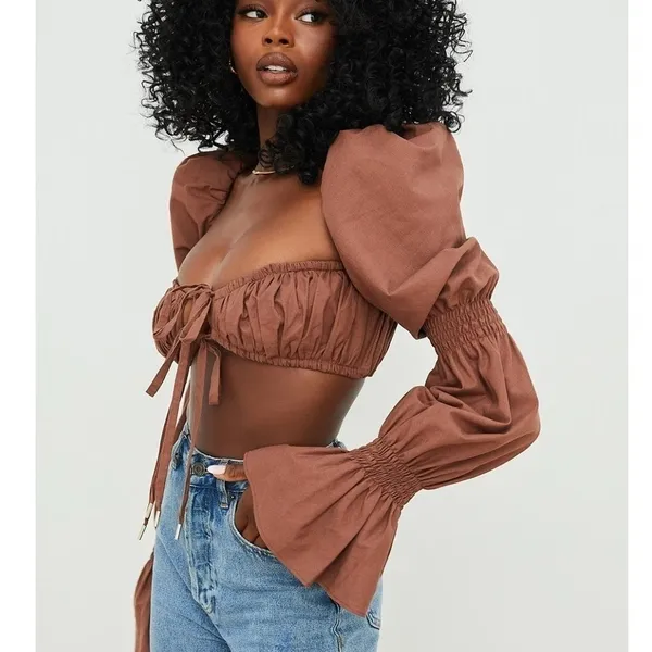 House of CB Molly Shirred Top XS Chocolate Puff Sleeve Romantic Cottagecore Sexy - Image 2