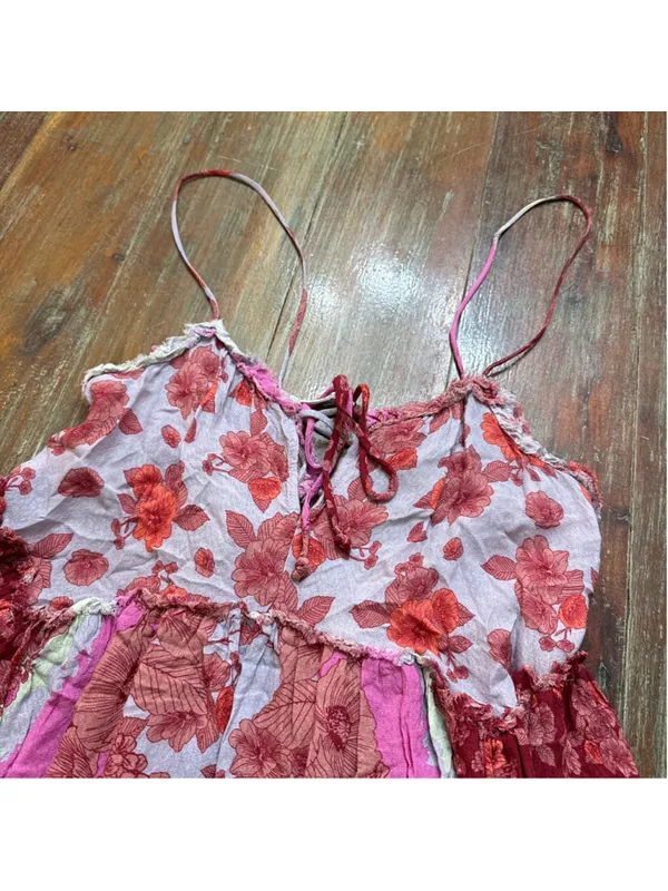 Free People Intimately Floral Patchwork Strappy Mini Dress XS Pink Red Flowy - Image 3