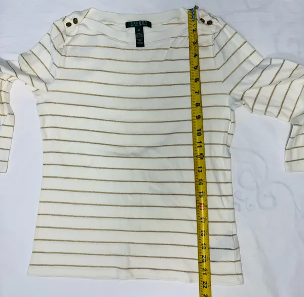 Lauren Ralph Lauren White and Gold Metallic Striped Boatneck Top - Image 3