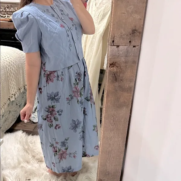 Vintage Miss Dorby Floral Blue Dress with Embroidered Details size XLarge - Image 5