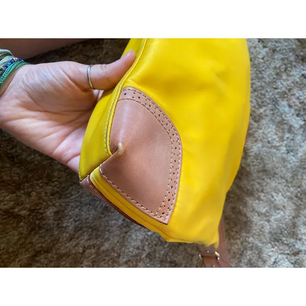 Kate Spade Yellow Nylon Shoulder Purse Hand Bag Brown Leather Trim Zip Top - Image 5