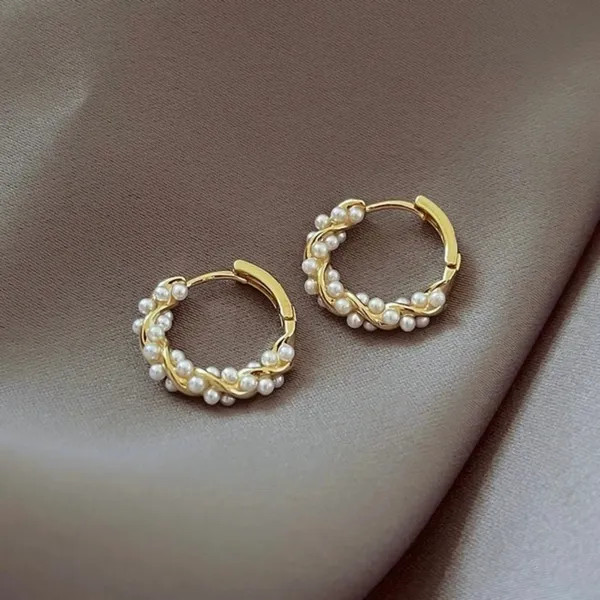 18K Gold Plated White Pearl Hoop Earrings for Women - Image 2