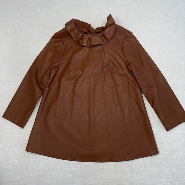 Tuckernuck Brown Coated Ruffle Neck Bow Back Blouse 3/4 Sleeve S - Image 3