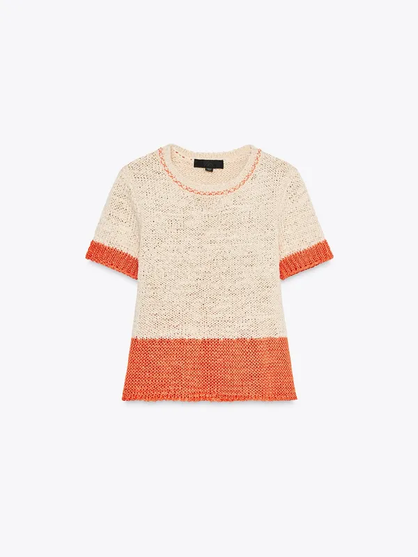 Zara Cream Coral Orange Open Knit Short Sleeve Top Size S - Image 2