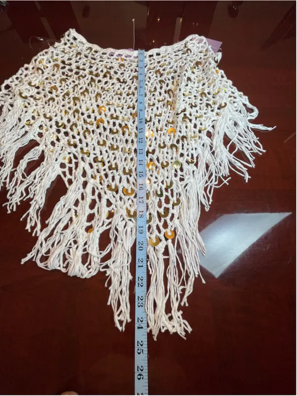 Fringe Sequin Crochet Fishnet Poncho by Velvet Vandal Natural White Sz L Boho - Image 9