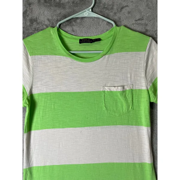 Polo Ralph Lauren Stripe T Shirt Dress Neon‎ Green White Pocket Women's Medium - Image 2