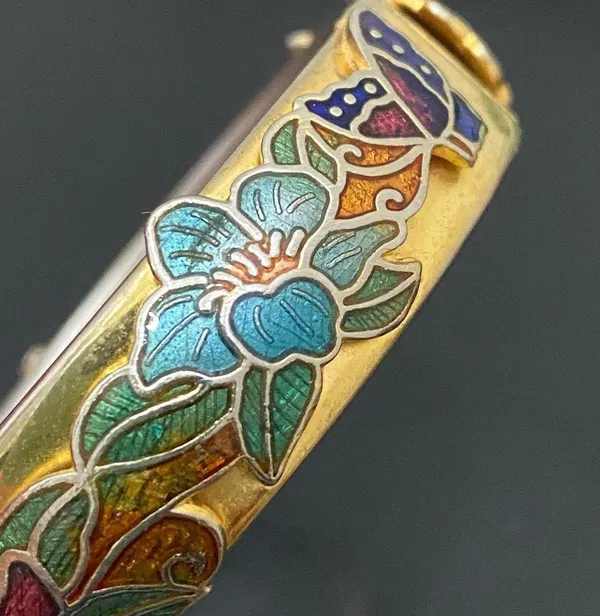 Vintage Unsigned Gold-tone Floral Flower Cloisonne Hinged Bangle Bracelet 36.2g - Image 11