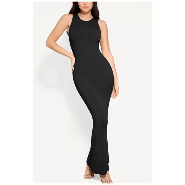 Popilush Black Ribbed Sleeveless Bodycon Maxi Dress Shapewear SMALL Crew Neck - Image 9