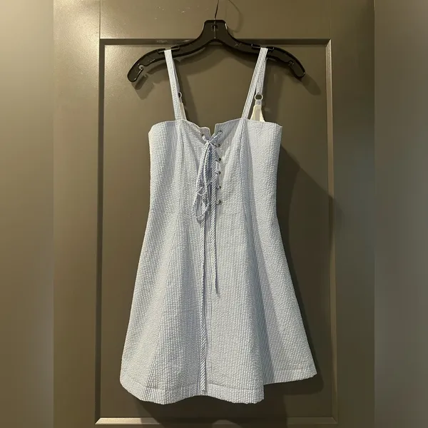 STAUD x Solid and Striped Seersucker Blue Mini Dress - Image 2