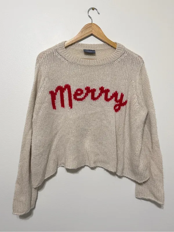Wooden Ships Merry Sweater Small Red Festive Holiday Mohair Wool Christmas - Image 2