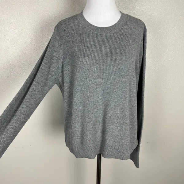 Loft Sweater Top‎ Women L Grey Speckled Ribbed Knit Crew Neck Preppy Lightweight - Image 5