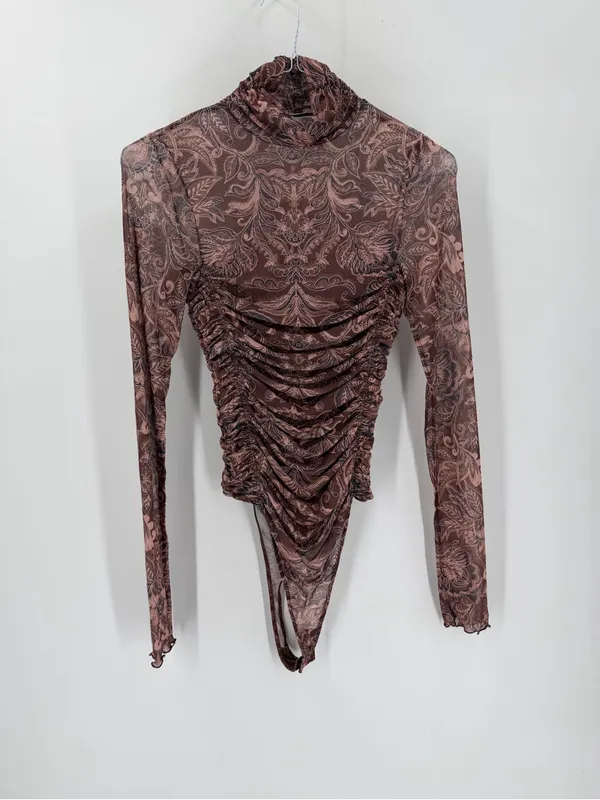 Free People Under It All Sheer Long Sleeve Mock neck Ruched Printed Bodysuit - Image 5