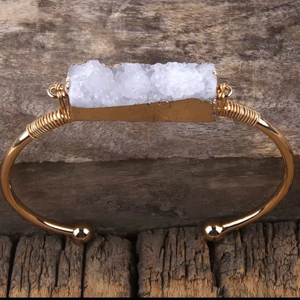 Gold tone white druzy cuff bangle bracelet - Image 2