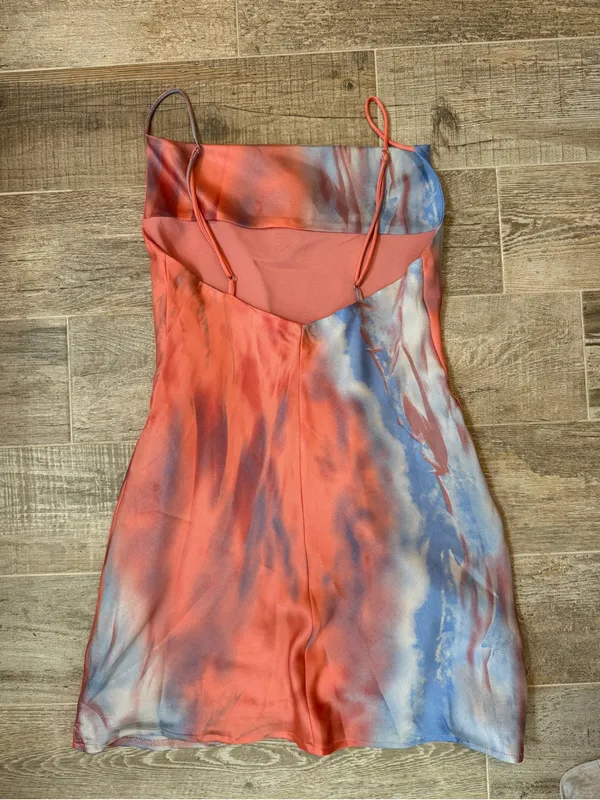 Hello Molly Coral & Blue Tie-Dye Slip Cowl Neck Mini Dress - Image 2