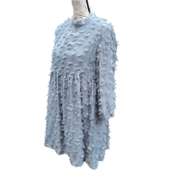 Zara Textured Fringe Circle Applique Babydoll Mini Dress‎ Dusty Blue Small - Image 4