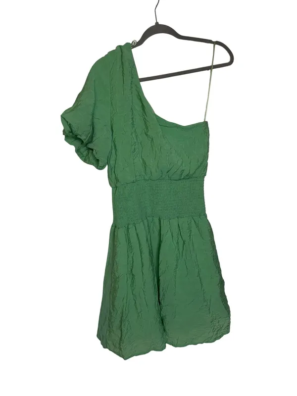 ✨💚 Entro Green One Shoulder Smocked Waist Puff Sleeve Mini Dress Medium‎ 💚✨ - Image 2
