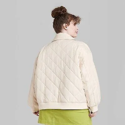 Wild Fable Nylon quilted bomber jacket in off-white - Image 3
