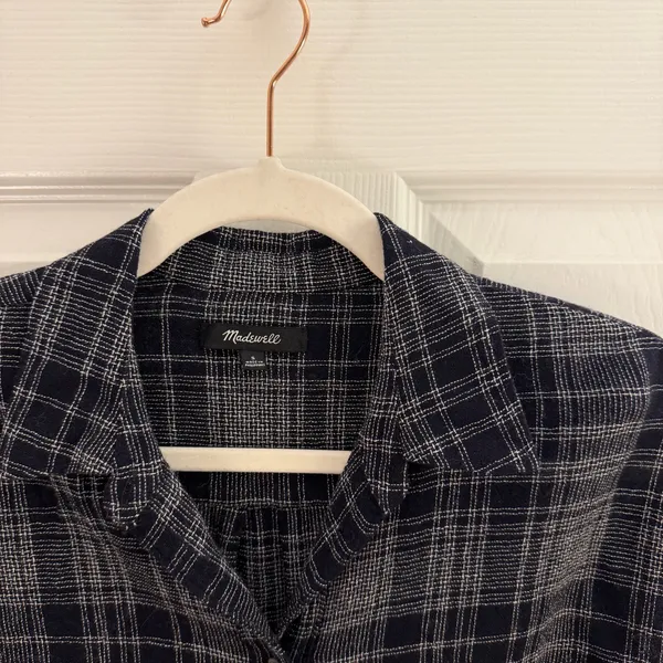 Madewell Black Gray Plaid Westward Bell Sleeve Wool Shirt Small - Image 5