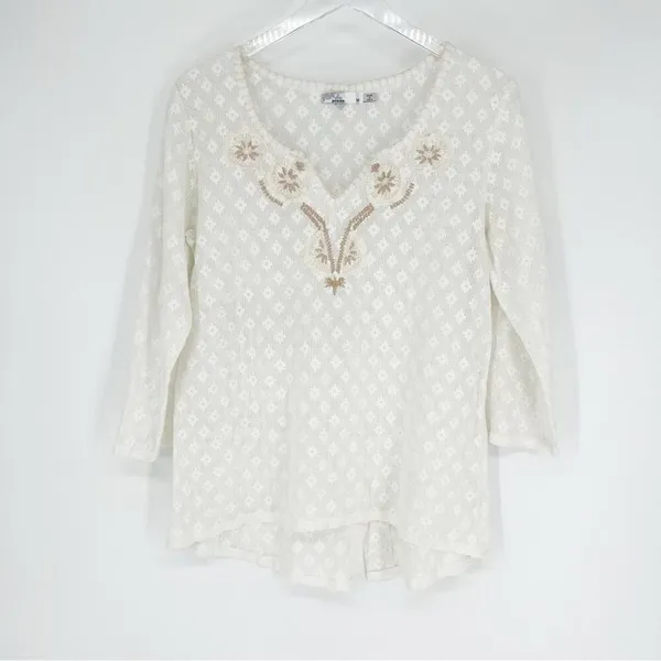 prAna Winnie Lace Embroidered V-Neck Boho Top‎ Women's Size M White Boho - Image 2