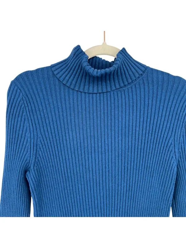Banana Republic Blue Ribbed Fitted Turtleneck Sweater Size Medium 90s Minimalist - Image 2