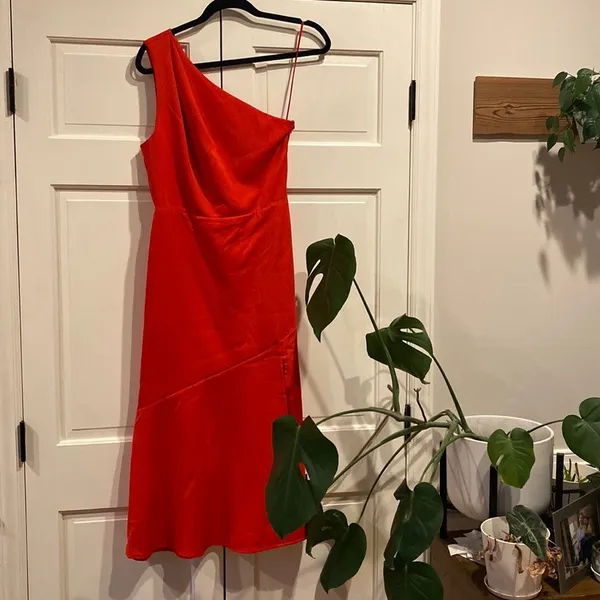 Sam Edelman One Shoulder Midi Dress Red Orange Asymmetrical Cocktail Party Dress - Image 2