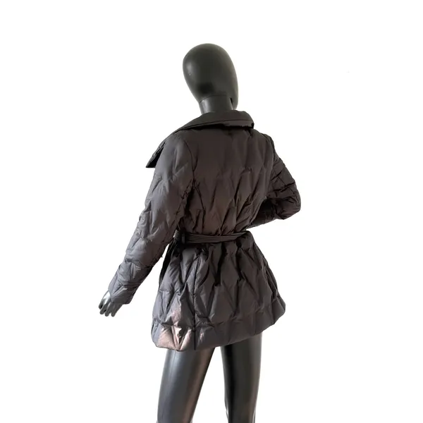 Black Down Puffer Jacket Shawl Collar Wrap Belt Winter Outerwear Coat Parka Size M - Image 4