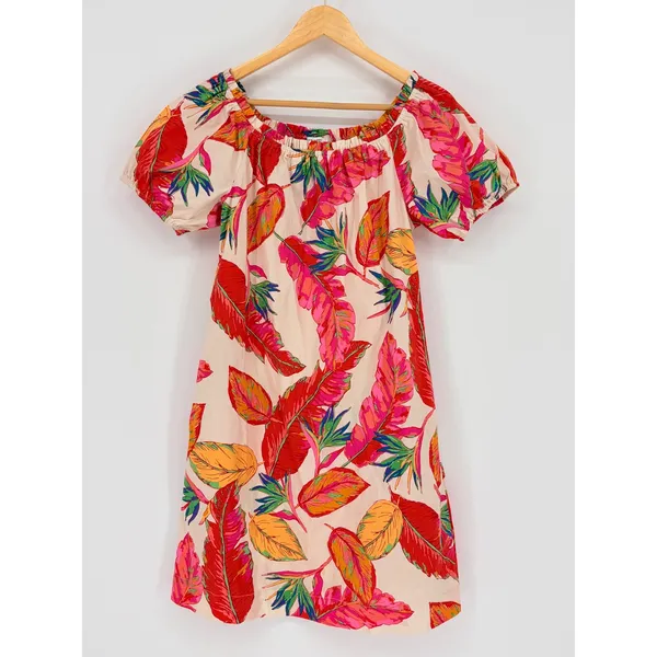 Nine West Tropical Leaf Off Shoulder Dress Small Puff Sleeve‎ Vacation Pockets - Image 2