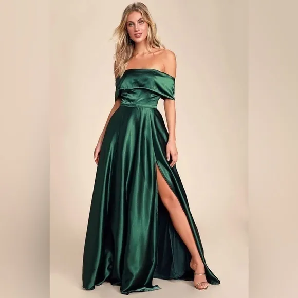 NEW Lulus Greatest Hits Forest Green Satin Off-the-Shoulder Maxi Dress Size XS - Image 3
