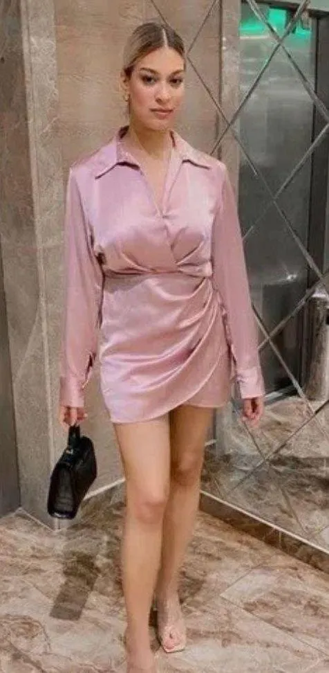 mini dress satin effect drapped long sleeve pink party wedding coctail - Image 5