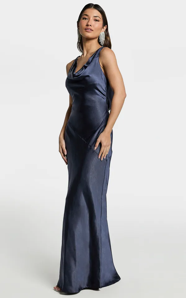 New Showpo Adilah Maxi Dress Cowl Neck Satin Dress In Navy Size Small MSRP $129 - Image 6