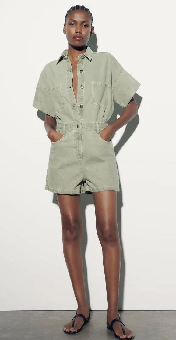 romper jumpsuit denim jeans olive green - Image 4