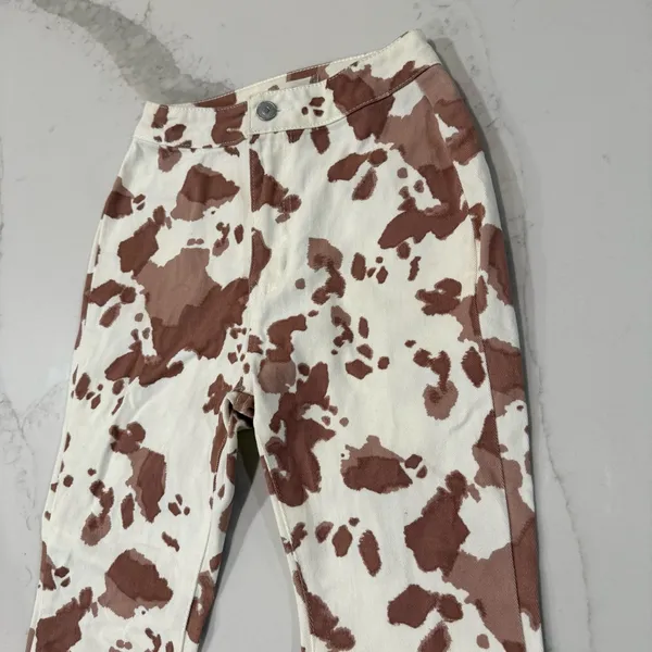 Altar’d State Cow Print Bell Bottom High Rise Flare Jeans Women’s XS White/Brown - Image 4