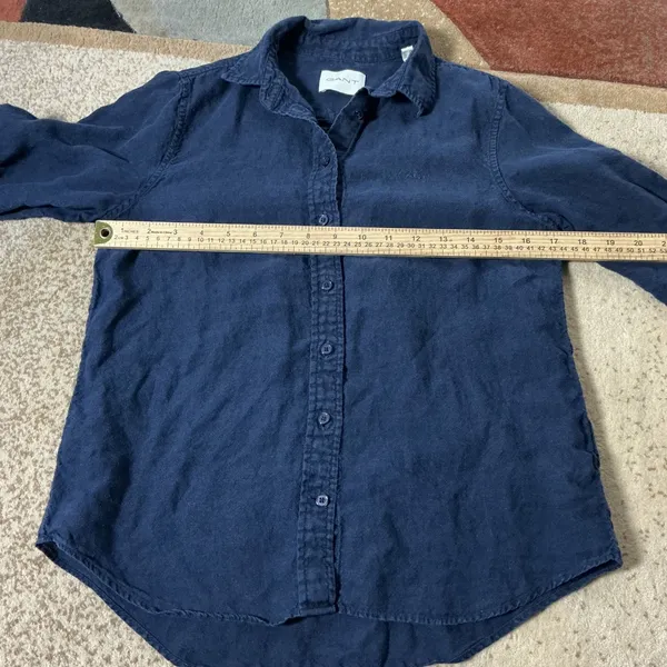 Gant Coastal Preppy Linen Button Down Shirt Womens 4 Navy Blue Long Sleeve Logo - Image 3