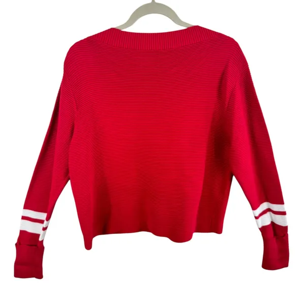 Mint Velvet Red Ribbed Boat Neck Sweater‎ Pullover White Stripe Cuffs Size US 12 - Image 2