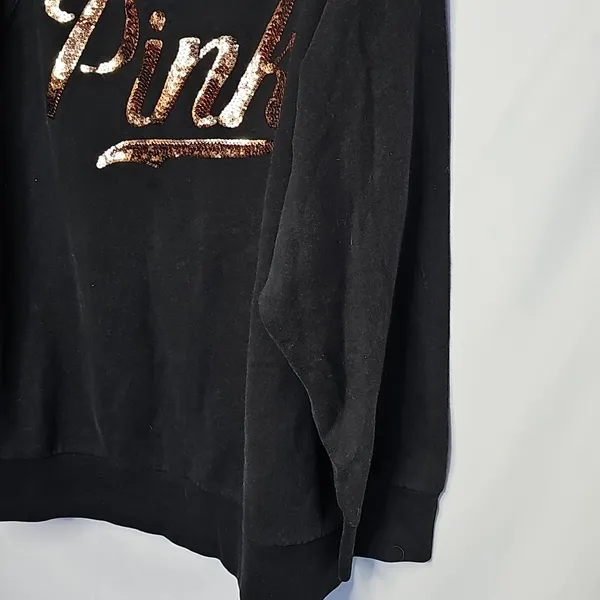 PINK Victoria's Secret Black Pullover Hooded Hoodie sequin Sweatshirt Sz Large - Image 3