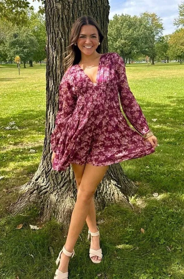 Free People Mauve Keep You Floral Smocked V Neck Mini Dress Berry Combo S - Image 7