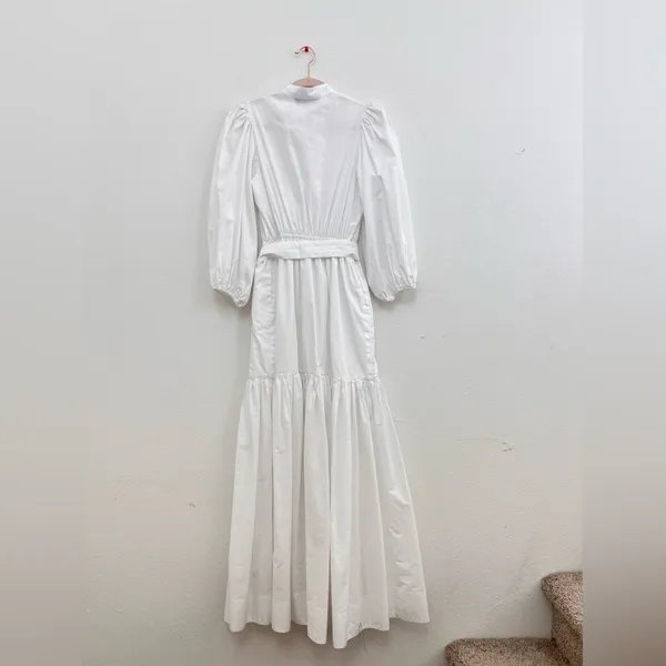 Brittany Fuson White Louisa Button-Front 100% Cotton Tiered Belted Maxi Dress XS - Image 8