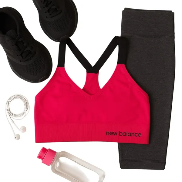 New Balance Seamless Racerback Sports Bra Pink Medium Yoga Gym Logo Flaw Top GUC - Image 4