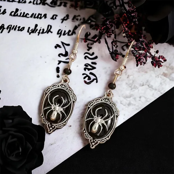 Gothic Retro Style Black Gemstone Spider‎ Earrings Faux Fashion Jewelry - Image 2