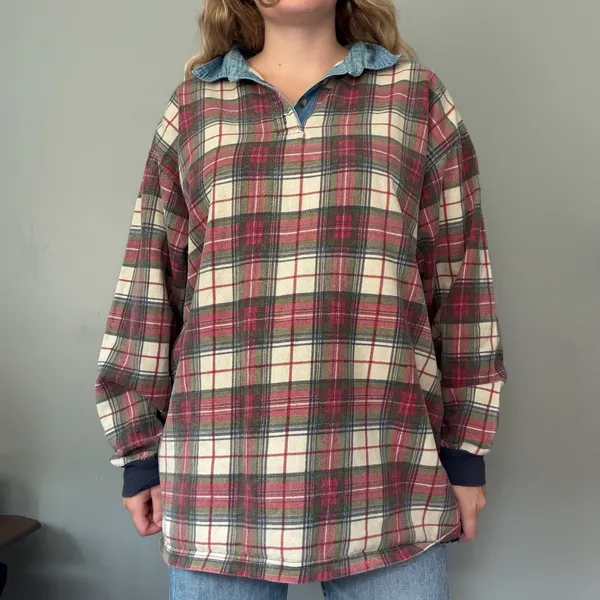 Vintage Drummer Boy Plaid Rugby Shirt with Denim-Style Collar M/L - Image 4