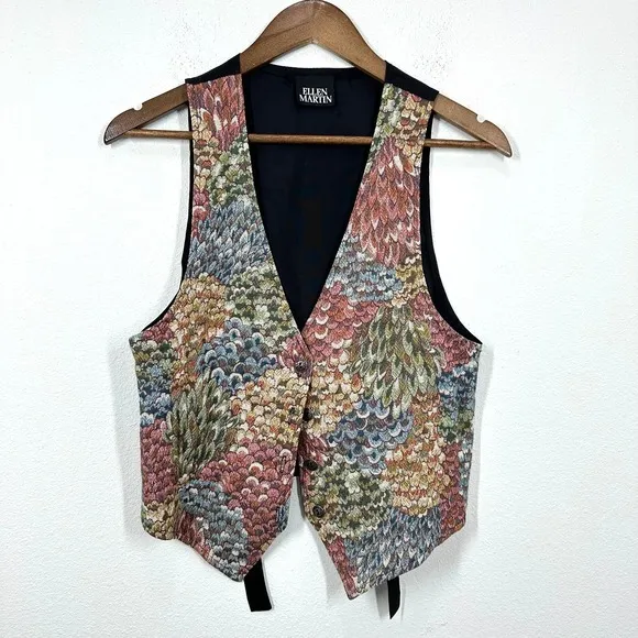 Vintage 90s Tapestry‎ Feather Vest Multicolor Tie Back Grunge Hipster - Image 2
