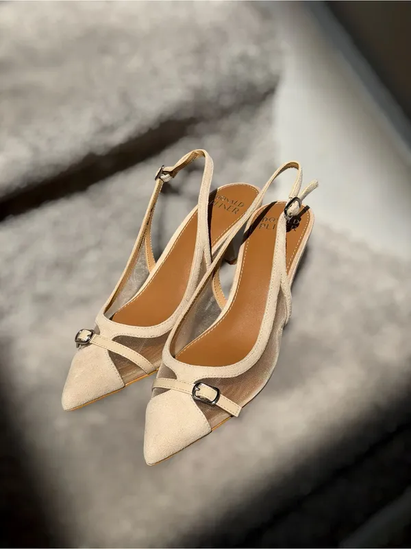 Donald Pliner Carwyn Mesh Slingback Kitten Heels Pointed Toe‎ Nude 6.5 Chic Work - Image 6
