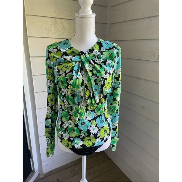 NWOT. Zara Draped Floral Blue Green Long Sleeve Cut Out Bodysuit M - Image 10
