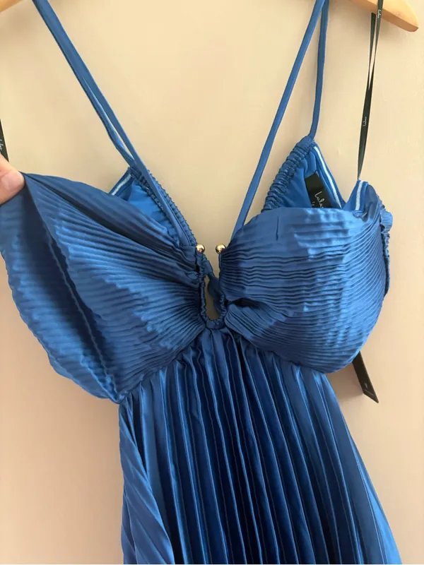 Lulus Aerin Blue Satin Pleated Cutout Midi Dress Size Medium Sleeveless Cocktail - Image 11