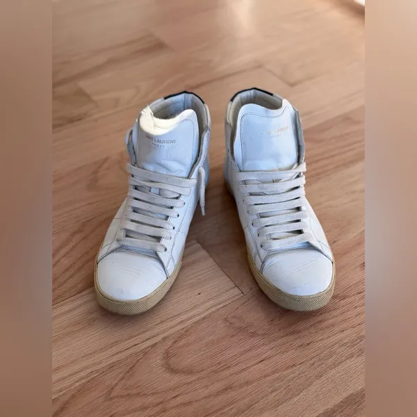 SAINT LAURENT Women's White Leather Hi Top Sneakers Size 38.5 - Image 12