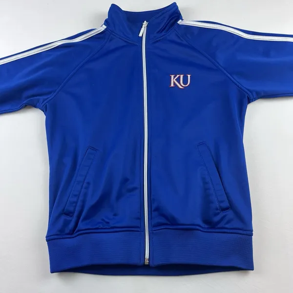 KU Kansas Jayhawks Vintage Adidas Track Jacket 3 Stripe Full Zip Bomber Blue Med - Image 3