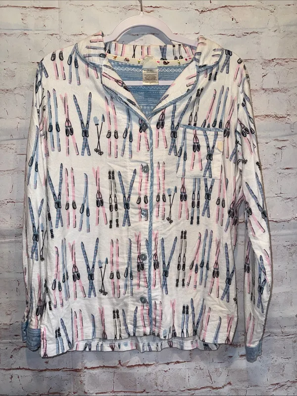 Munki Munki Women’s Ski Print Button Front Pajama Top pants S White Blue Pink - Image 6